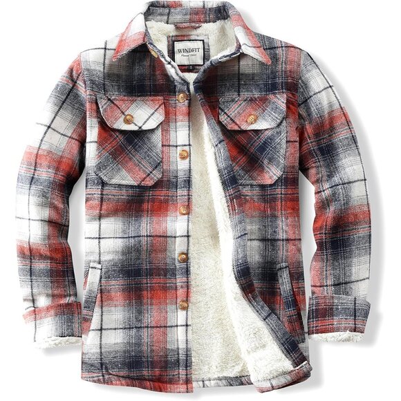 Other - Mens Orange  Cotton Sherpa Lined Button Down Flannel Shirt Jacket Plaid Soft